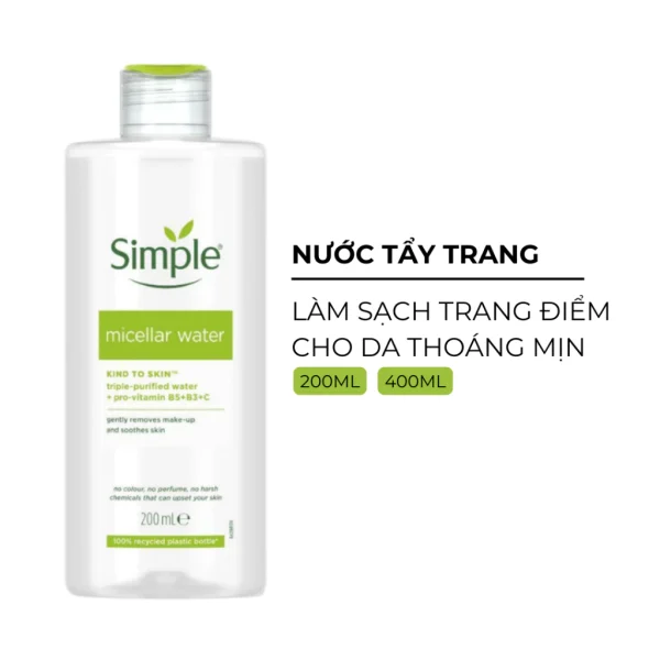 Nước Tẩy Trang Simple Micellar Cleansing Water 200ml / 400ml - Dịu Nhẹ Cho Da Nhạy Cảm